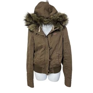 Hollister‎ Bomber Jacket Women Size L Brown Faux Fur Hood Y2K Bella Swan